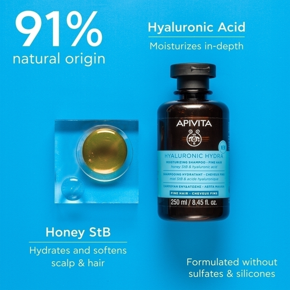 Увлажняющий шампунь Hyaluronic Hydra для тонких волос. Увлажняющий шампунь для тонких волос. Apivita, 250 мл — фото 3