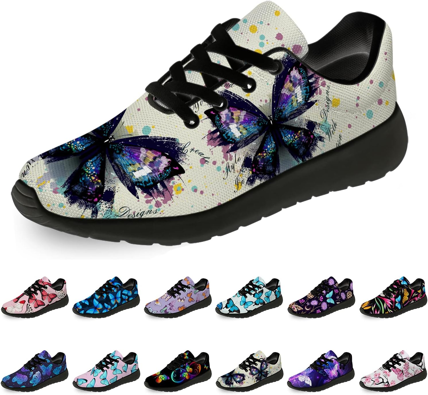 

Кроссовки с бабочками для женщин и мужчин, легкие для бега, прогулок и тенниса, женские и мужские кеды, обувь с бабочками, подарки Horethy, черный