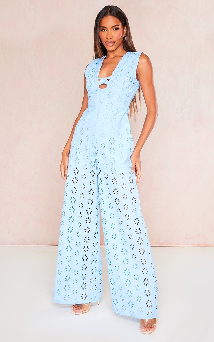 

PrettyLittleThing Синий - Комбинезон без рукавов Broderie Anglaise с завязкой на груди