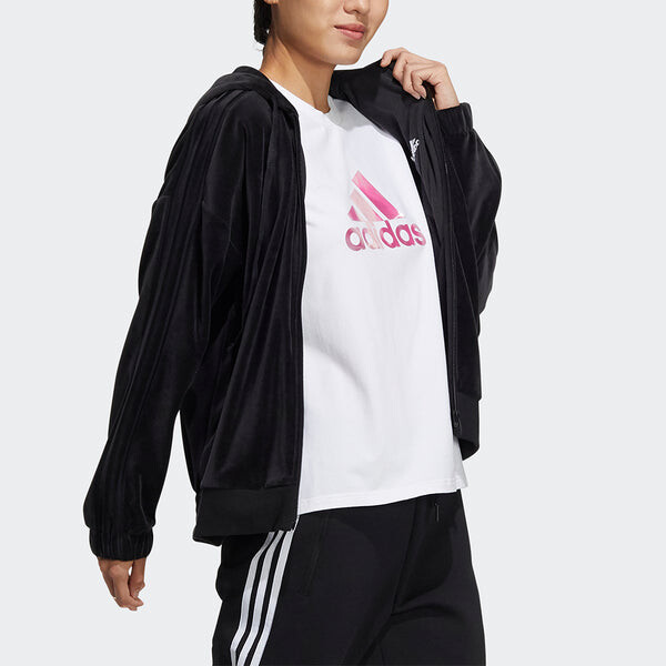 Куртка велюровая jkt бархатная куртка с капюшоном Adidas, черный — фото 4