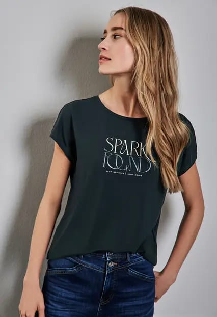 

Футболка из вискозной смеси с надписью Street One, цвет 26618 pine grove