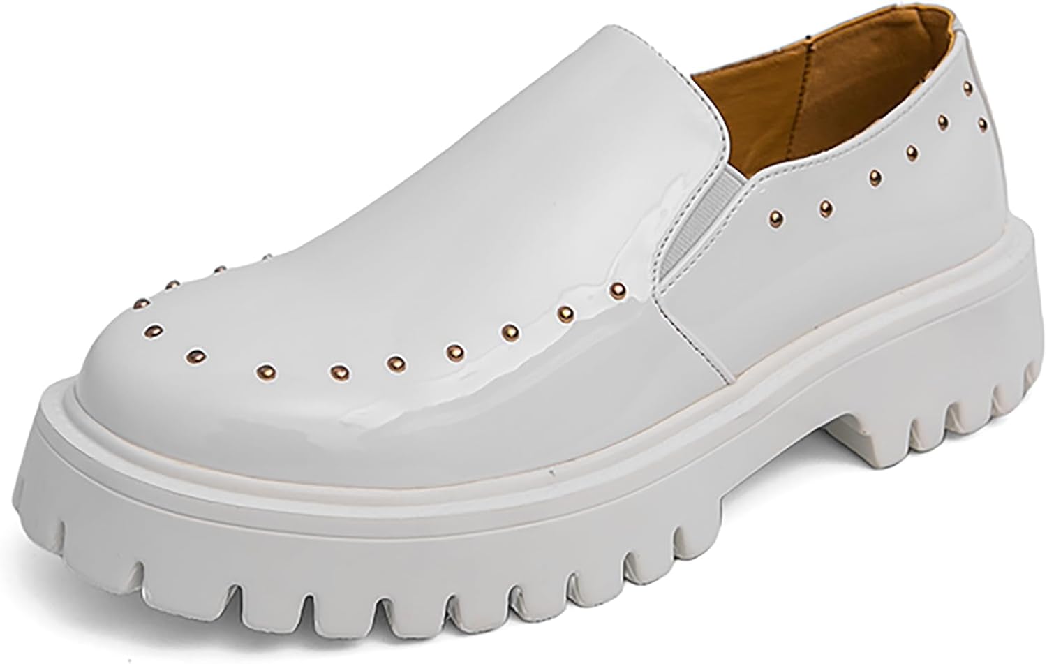 

Мужские лоферы на платформе из лакированной кожи с заклепками Qeosnbx, белый