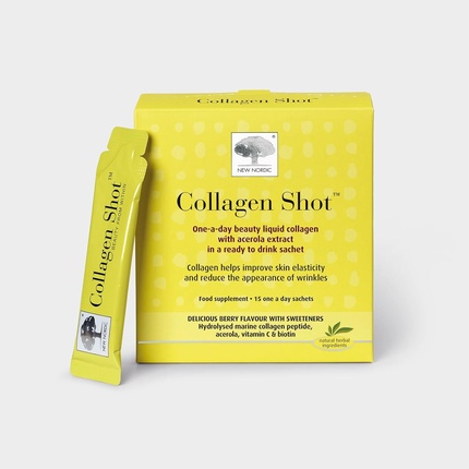 

New Nordic Collagen Shot Высоковпитывающие жидкие ежедневные пакетики премиум-класса 15x Hydrolysed Shots - пресноводный морской коллаген с экстрактом ацеролы, витамином С, биотином, натуральным ягодным вкусом New Nordic Ltd