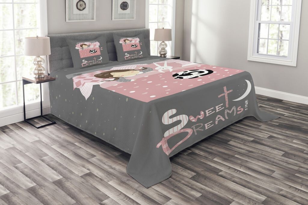 

ABAKUHAUS Комплект покрывала Sweet Dreams, Девушка с зайчиком, Комплект с моющимися наволочками, для односпальных кроватей 220 x 220 см, Разноцветный