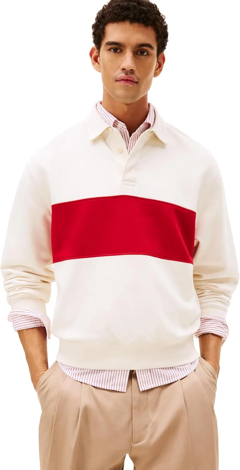 Tommy Hilfiger мужской поло-свитер с длинным рукавом и цветными блоками из флиса, слоновая кость