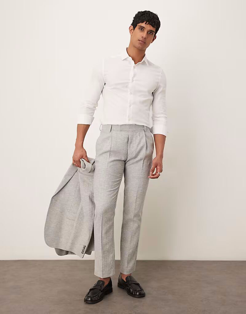 

Узкие брюки из льна и хлопка серого цвета с узором «ёлочка» Asos Design