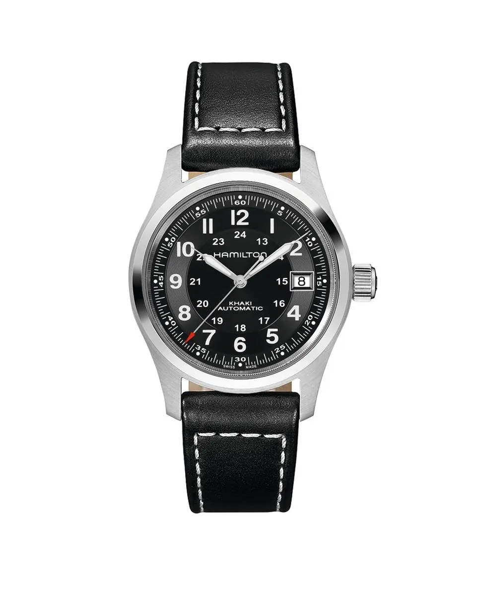 

Мужские часы Khaki Field Automatic 38 мм H70455733 с календарем и кожаным ремешком Hamilton, черный