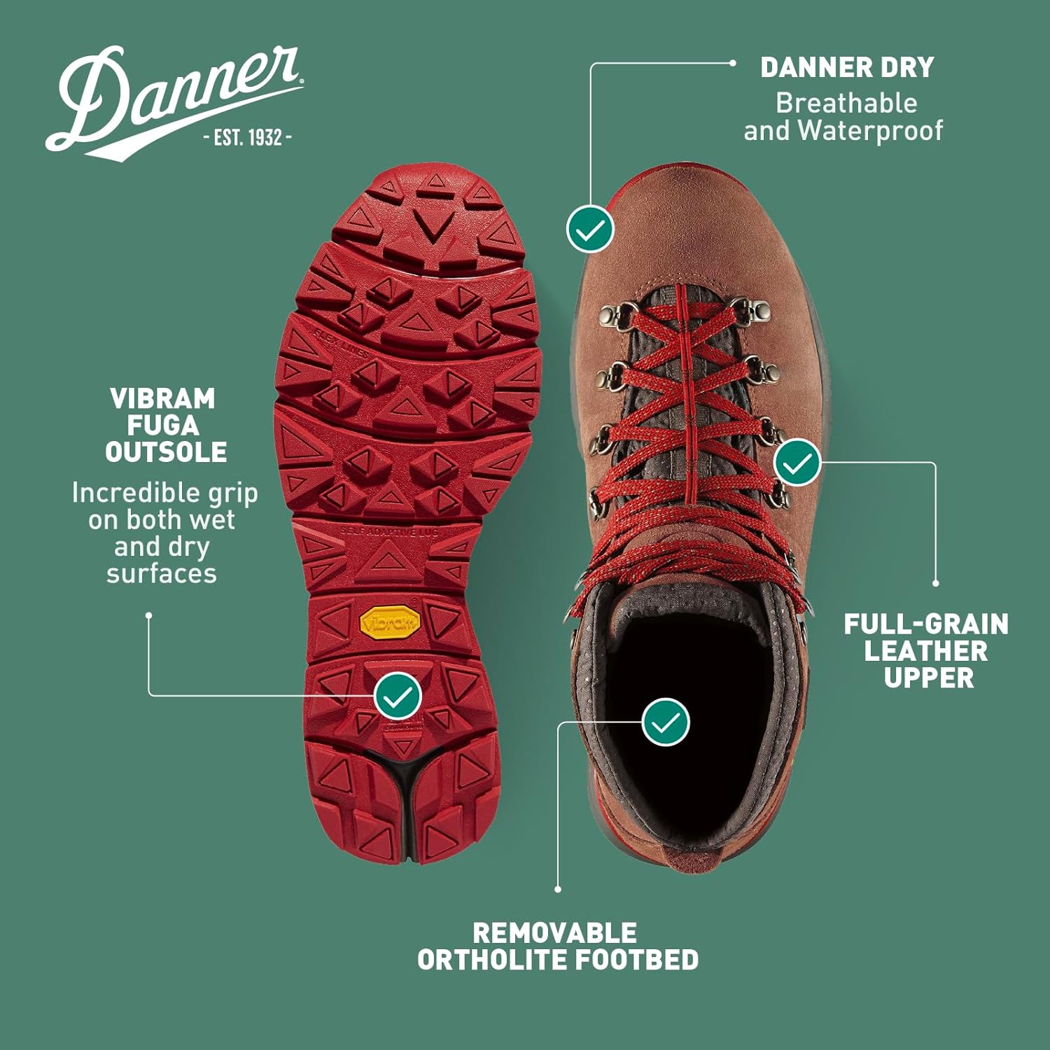 Водонепроницаемые туристические ботинки Danner Mountain 600 для мужчин - легкий, прочный верх, дышащая подкладка, стелька с тройной плотностью и подошва Vibram с отличным сцеплением, красный/коричневый — фото 4
