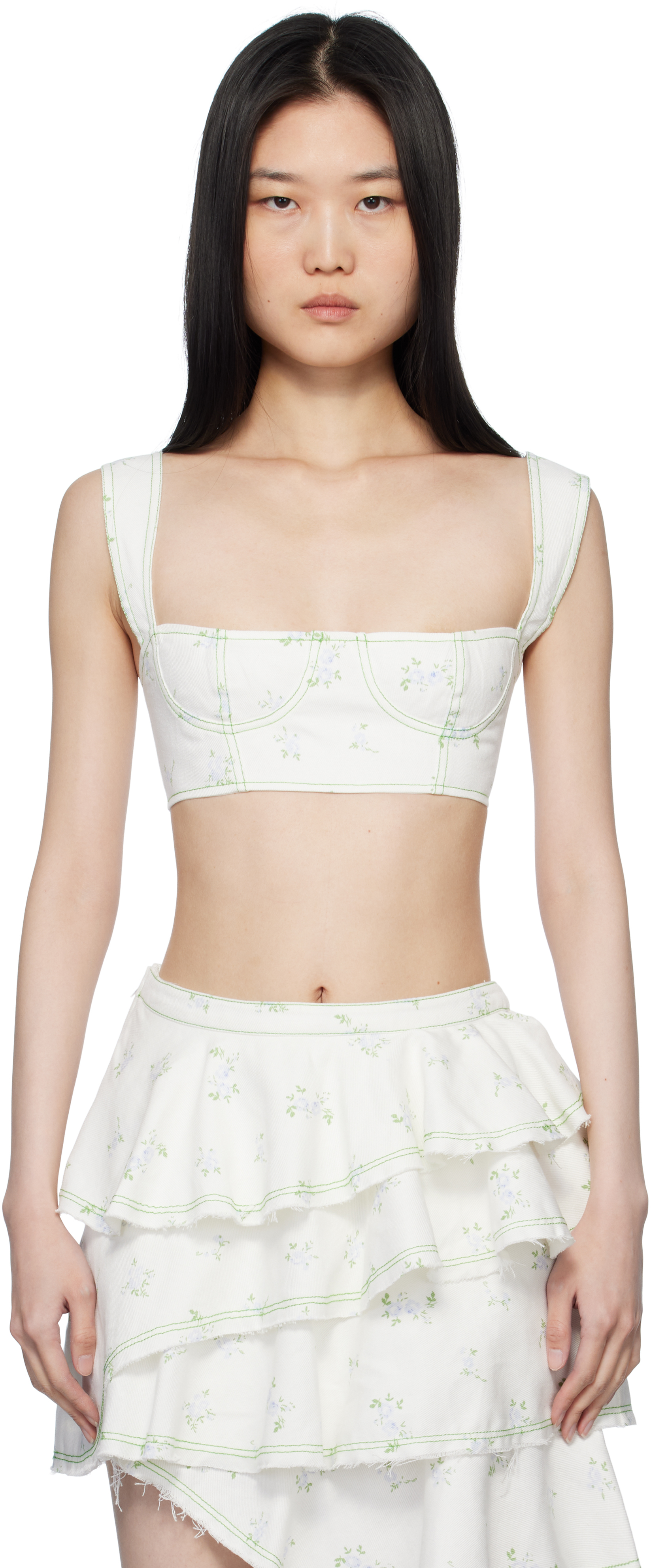 

SSENSE Эксклюзивный белый джинсовый топ с цветочным принтом Yuhan Wang