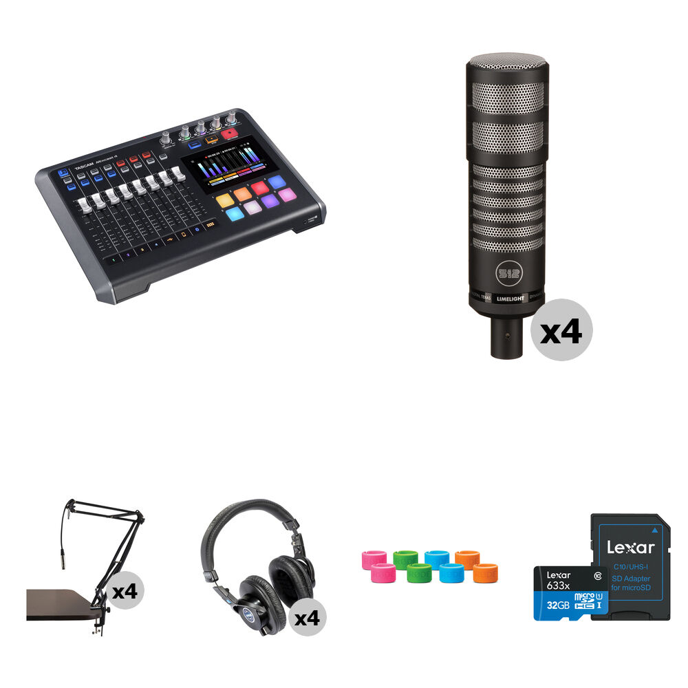 

TASCAM Mixcast 4 - бюджетный комплект для подкастов на четыре человека с микрофонами Limelight, штангами и наушниками