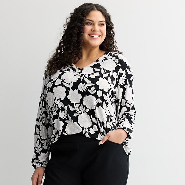 

Блузка-хенли со сборками Plus size Croft & Barrow, Black Linear Floral