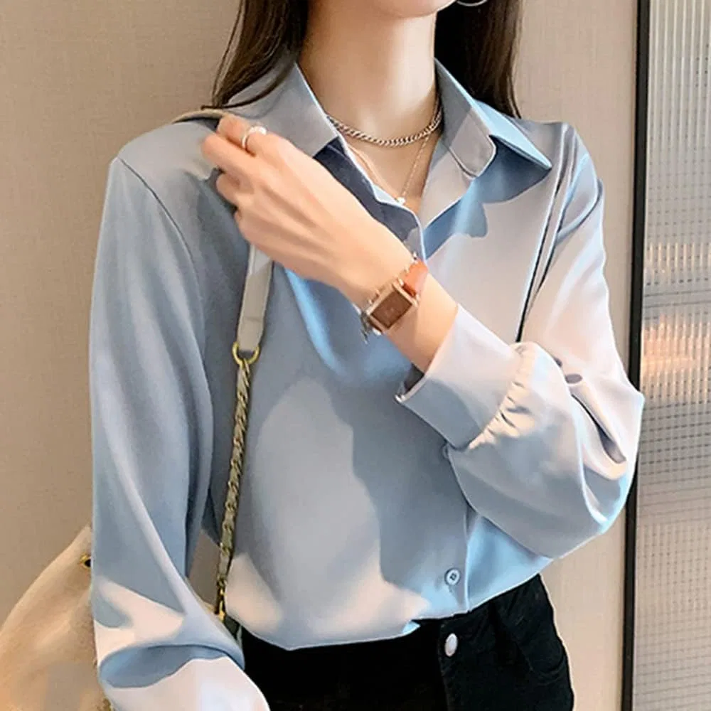 Блуза, длинный рукав, Regular Collar, синий — фото 4