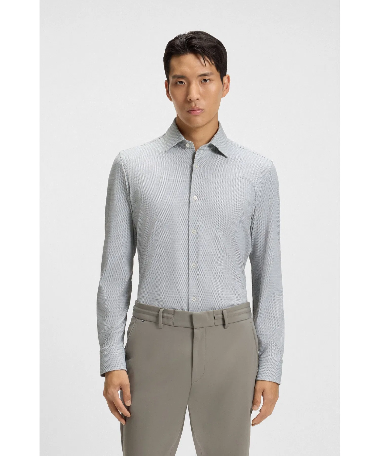 Мужская рубашка BOSS Slim Fit из эластичного нейлона светло-серого цвета