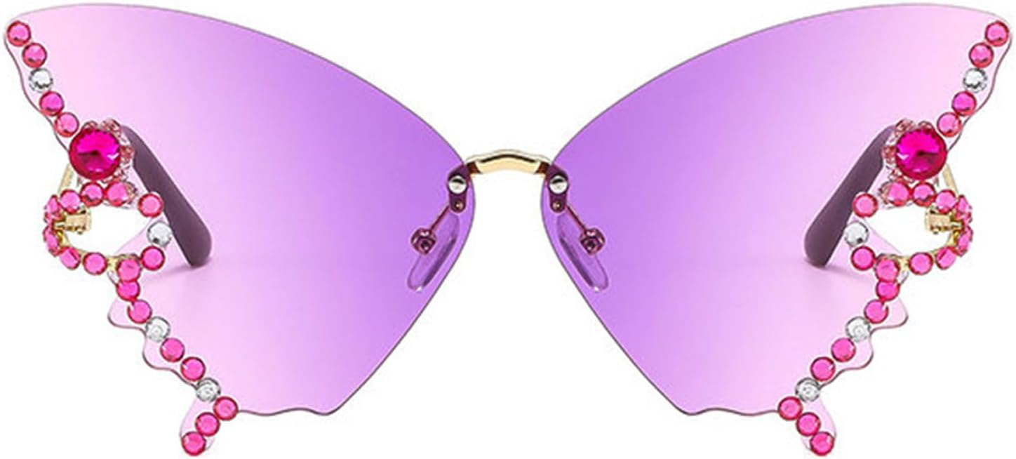 

Willochra Женские солнцезащитные очки без оправы Модные солнцезащитные очки с бабочками и бриллиантами Многоугольная безрамочная модель для вечеринок «кошачий глаз», Purple