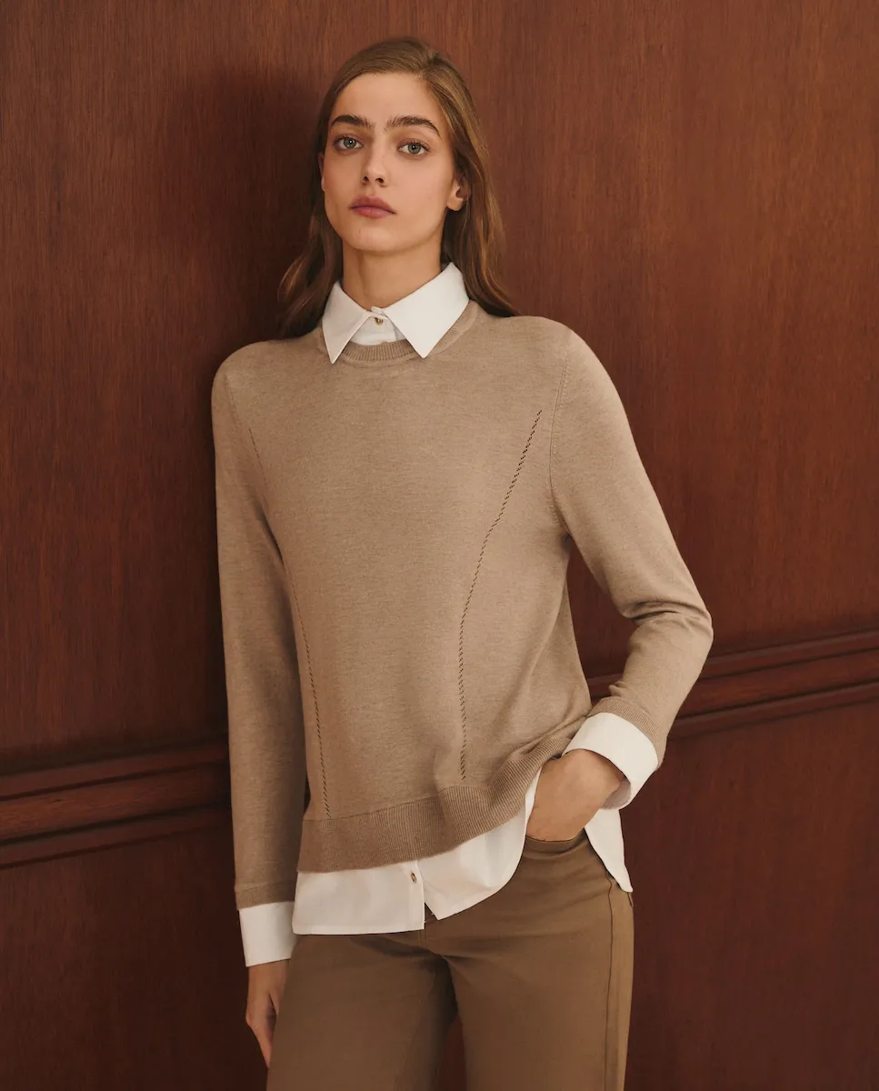 

Женский свитер с длинным рукавом, отложным воротником и полосатой баской Lloyd's, бежево-серый