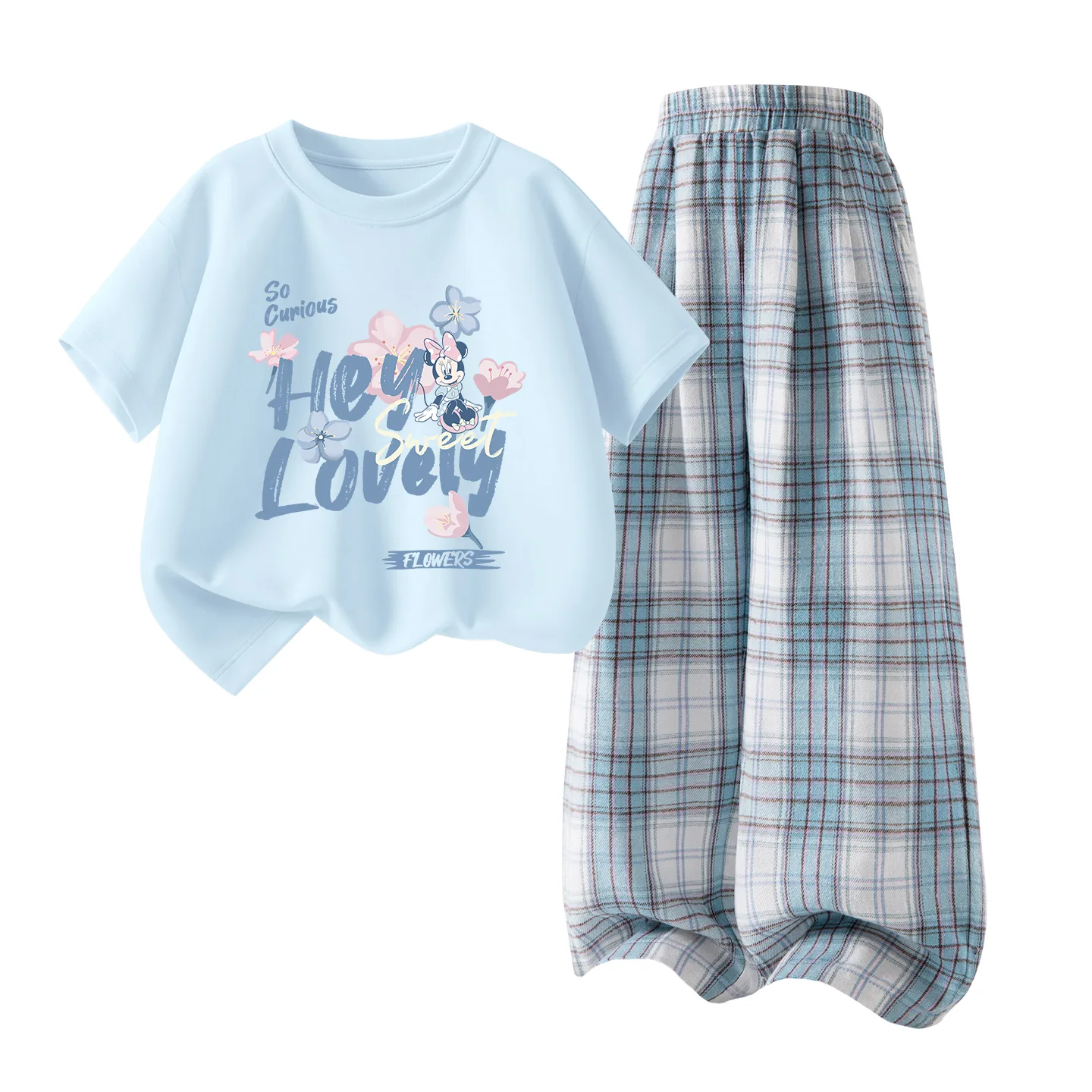 Детская спортивная футболка с круглым вырезом Disney, Light Pastel Flower Sky Blue+Solid Color White Cloud Blue