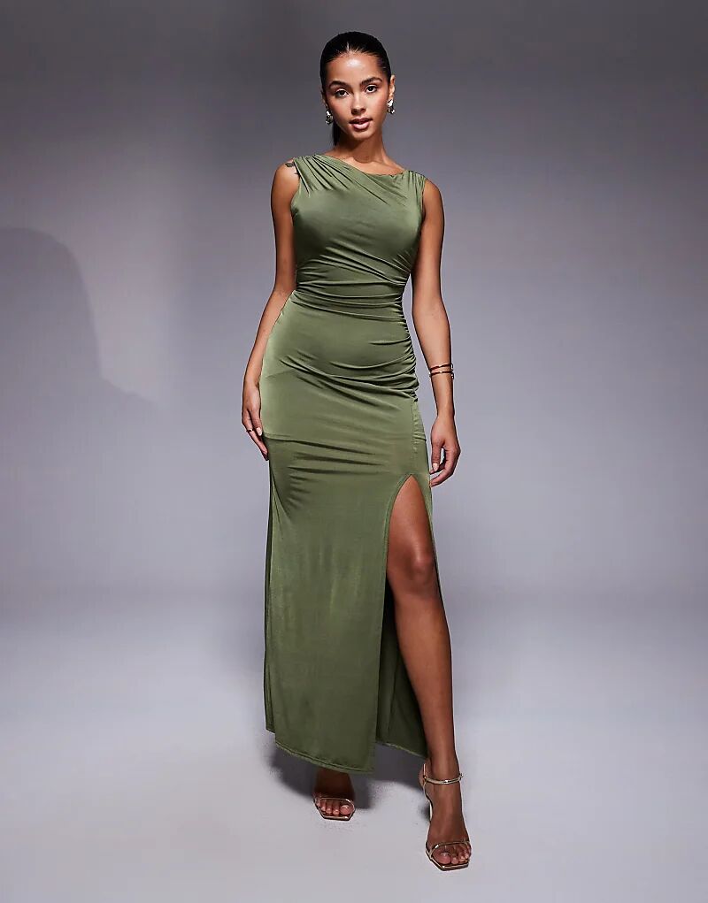 

Платье мидакси TFNC с открытыми плечами и разрезом на бедре оливкового цвета