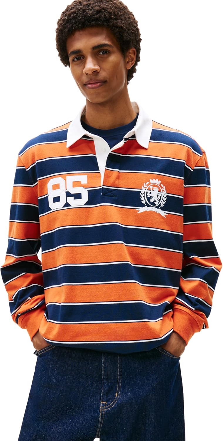 

Мужская легкая полосатая рубашка-поло для регби Tommy Jeans с логотипом Tommy Hilfiger, Voyager Orange Stripe, Оранжевый, Мужская легкая полосатая рубашка-поло для регби Tommy Jeans с логотипом Tommy Hilfiger, Voyager Orange Stripe