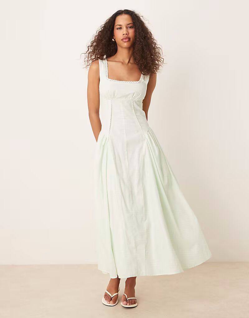 

Платье макси ASOS DESIGN Prairie с квадратным вырезом и заниженной талией в мятном клеточку