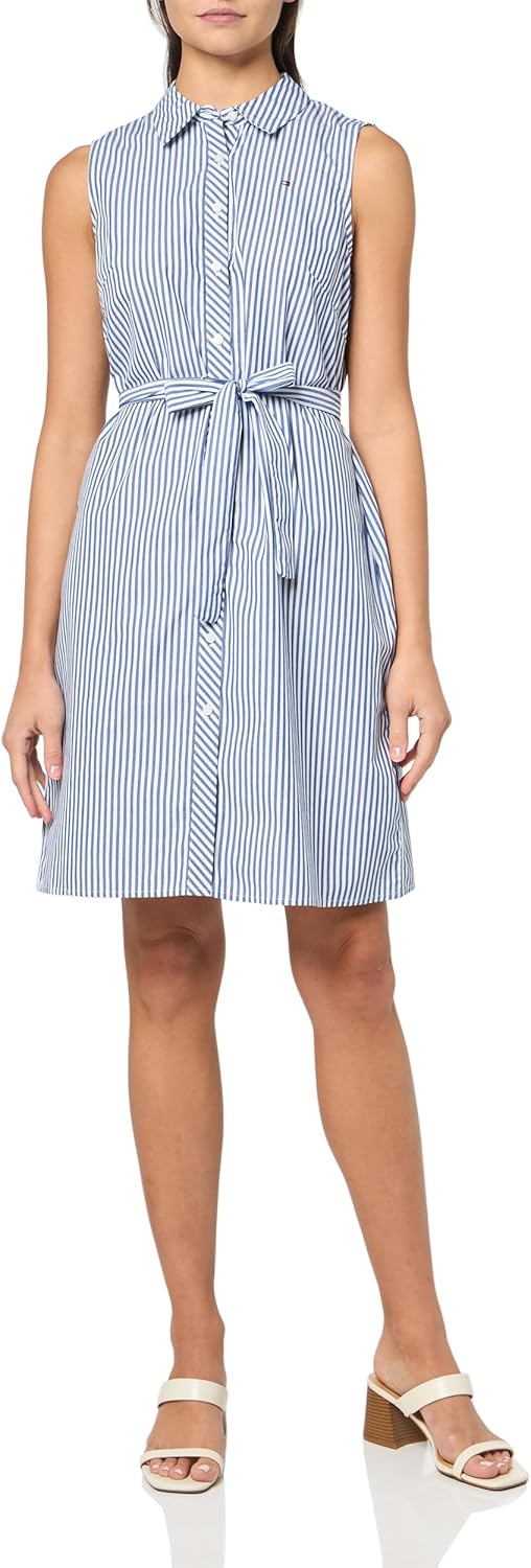 

Женское мини-платье-рубашка Tommy Hilfiger без рукавов с воротником, пуговицами спереди и завязкой на талии, Marina Blue/Bright White