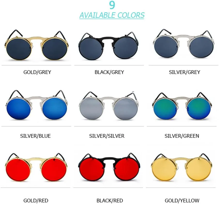 

Солнцезащитные очки в стиле стимпанк, круглые металлические, женские, ретро, ​​с откидной задней крышкой, круглые, двойные металлические, мужские VFDHN, Gold Yellow