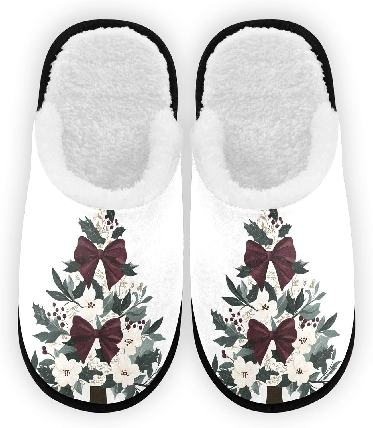 

Домашние плюшевые тапочки FENOCHE с рождественской елкой и бордовой бабочкой для женщин и мужчин, теплые и удобные, для путешествий и спа, с нескользящей подошвой