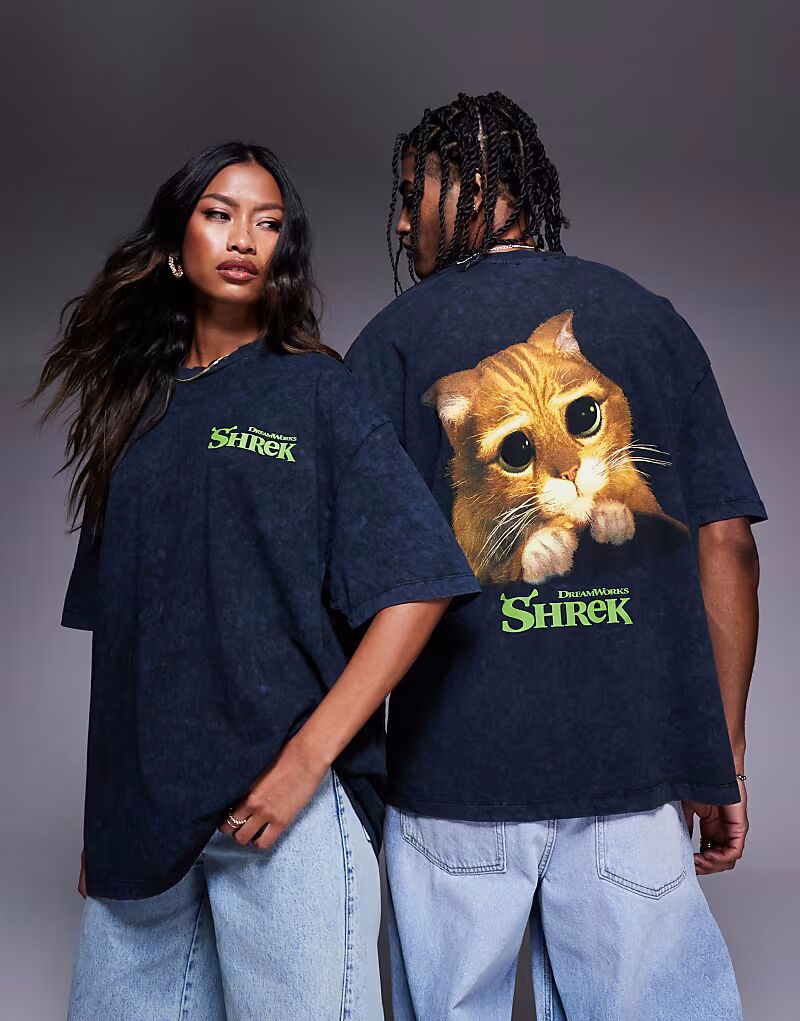 

Футболка унисекс оверсайз ASOS DESIGN с принтом «Шрек Кот в сапогах» черного цвета
