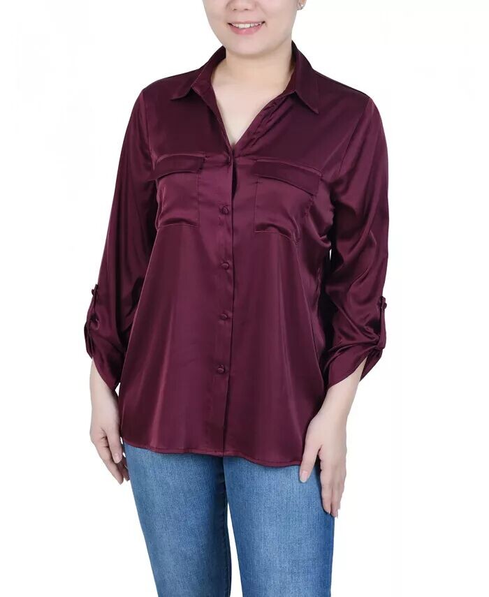 

Атласная блузка Petite с рукавами 3/4 с закатанным язычком NY Collection, красный