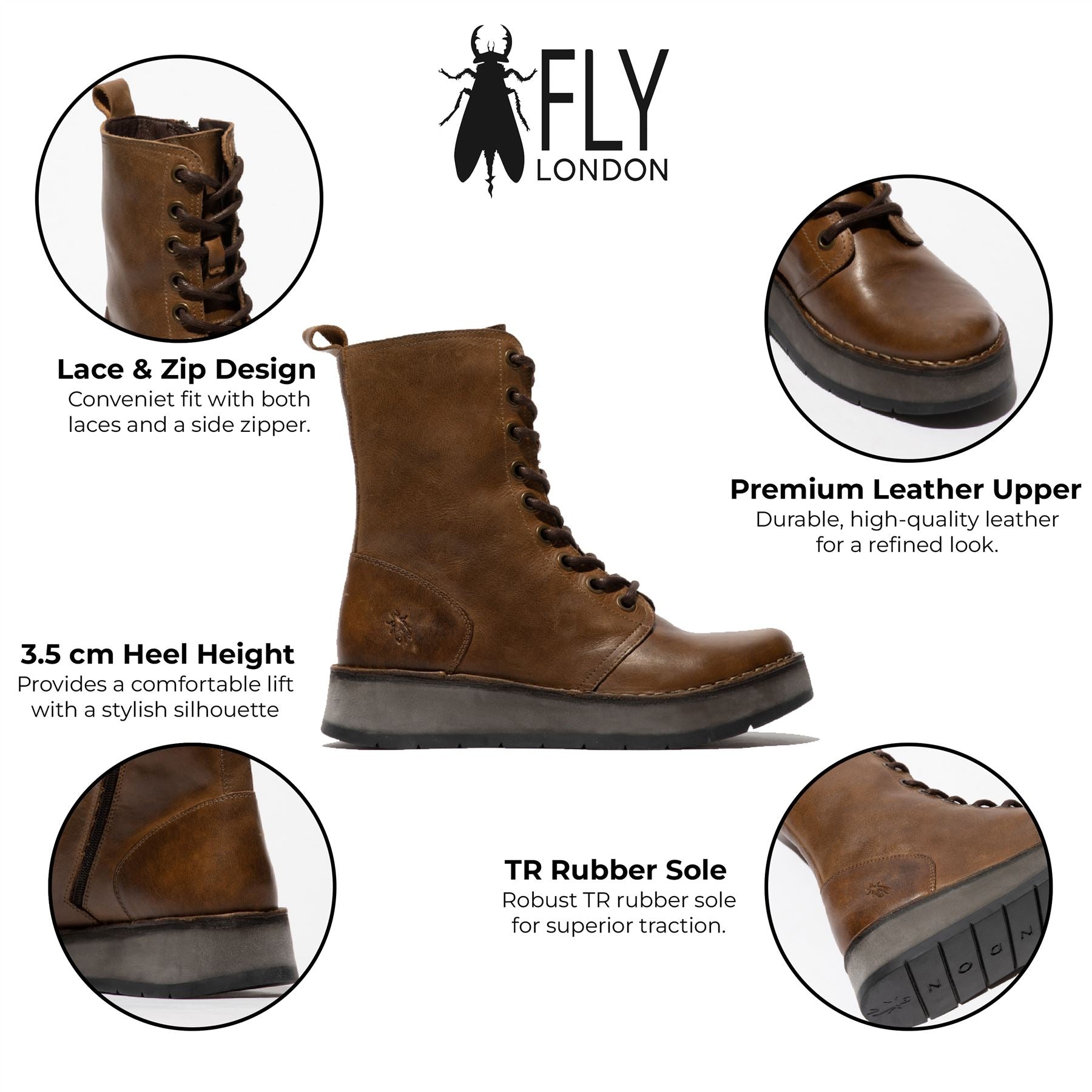 Женские повседневные кожаные ботинки Fly London RAMI043 на шнуровке, коричневый — фото 2