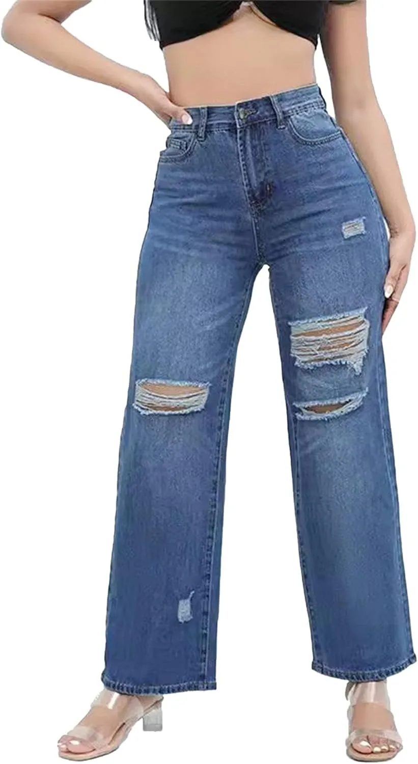 Джинсы женские High Waisted Stretchy Wide Leg Ripped
