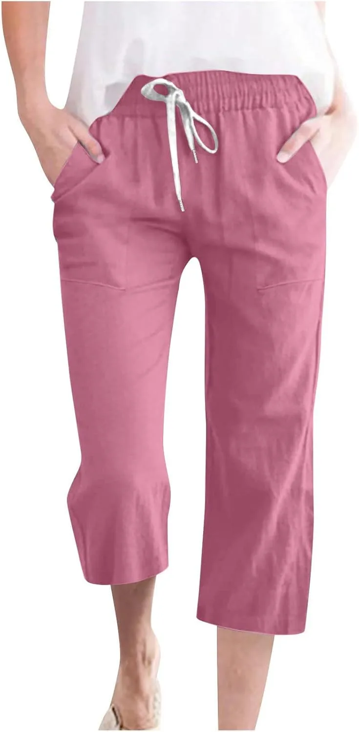 

JOAU льняные капри для женщин летние повседневные свободные укороченные брюки на резинке с кулиской и карманами