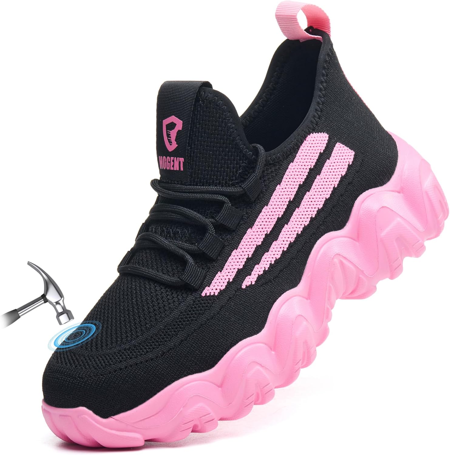 

Защитные туфли Hogent с металлическим носком для мужчин и женщин, ультралегкие туфли с амортизацией, дышащие безопасные кроссовки, идеальны для строительства, складов и заводов, черный/розовый