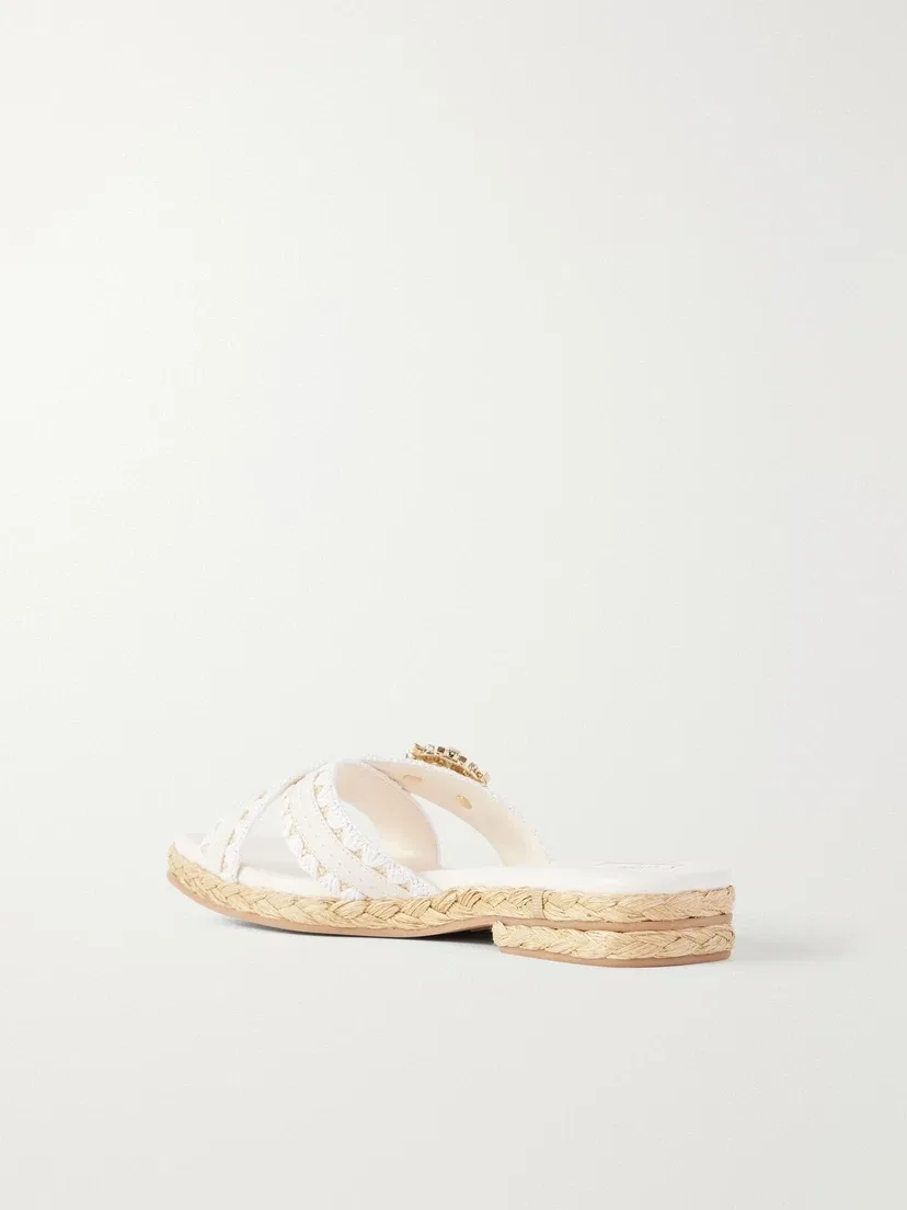 Шлепанцы из рафии Roger Vivier Strass с кристаллами и кожаной отделкой, белый — фото 3