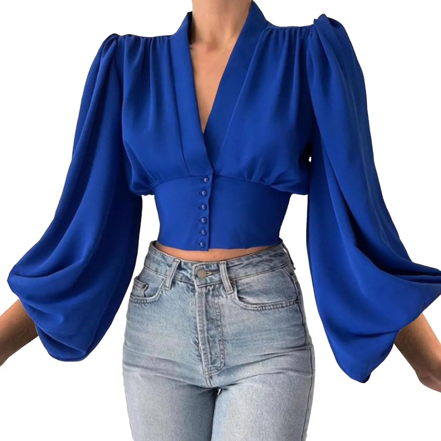 Блузка с V-образным вырезом и длинным рукавом Summer Casual, синий