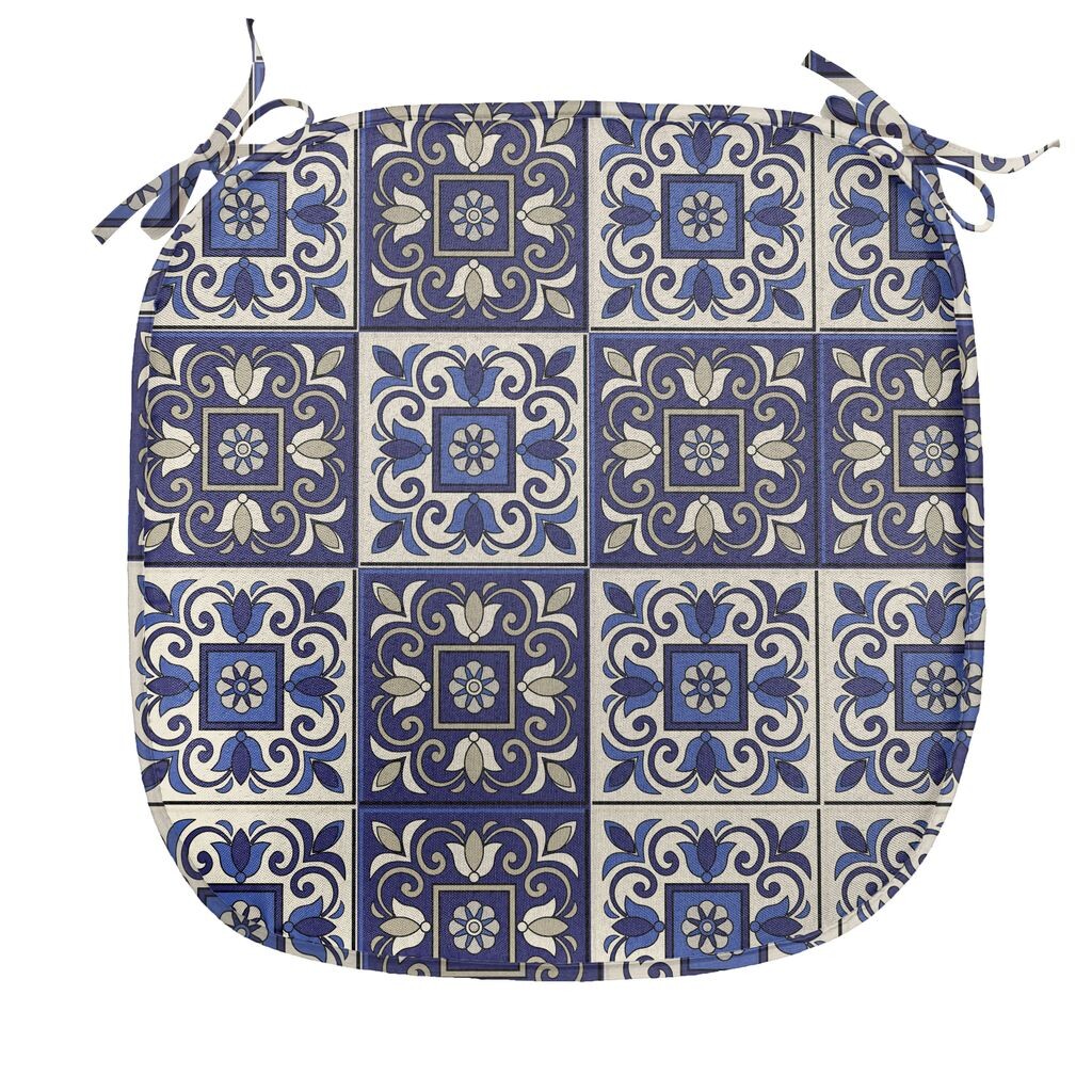 

ABAKUHAUS Марокканская подушка для обеденного стула, квадраты Azulejos, декоративная водонепроницаемая подушка с ремнями для кухонных сидений, 40 см x 40 см, темно-синий, бежевый