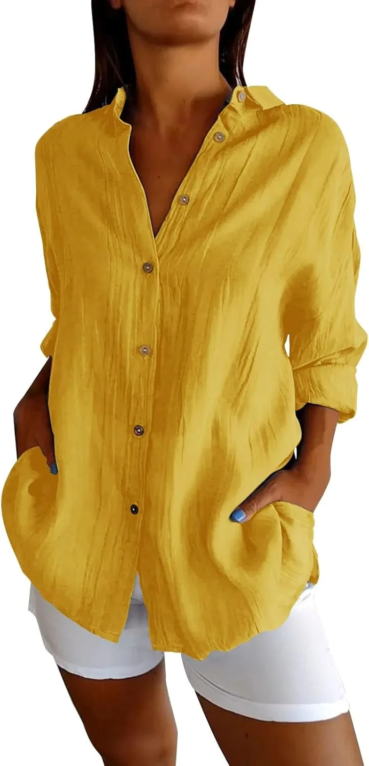 

GOKKILRW женская льняная рубашка на пуговицах с длинным рукавом