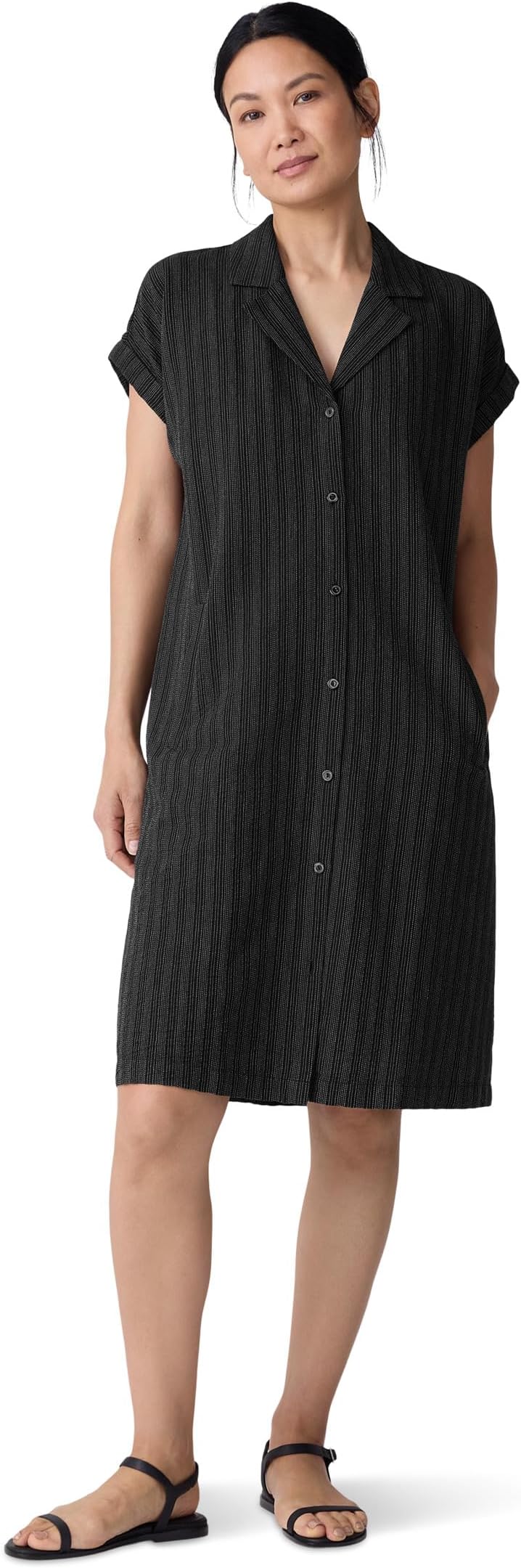 

Платье Eileen Fisher Cotton Blend Stripe Stitch Notch Collar Shirt Dress, Black