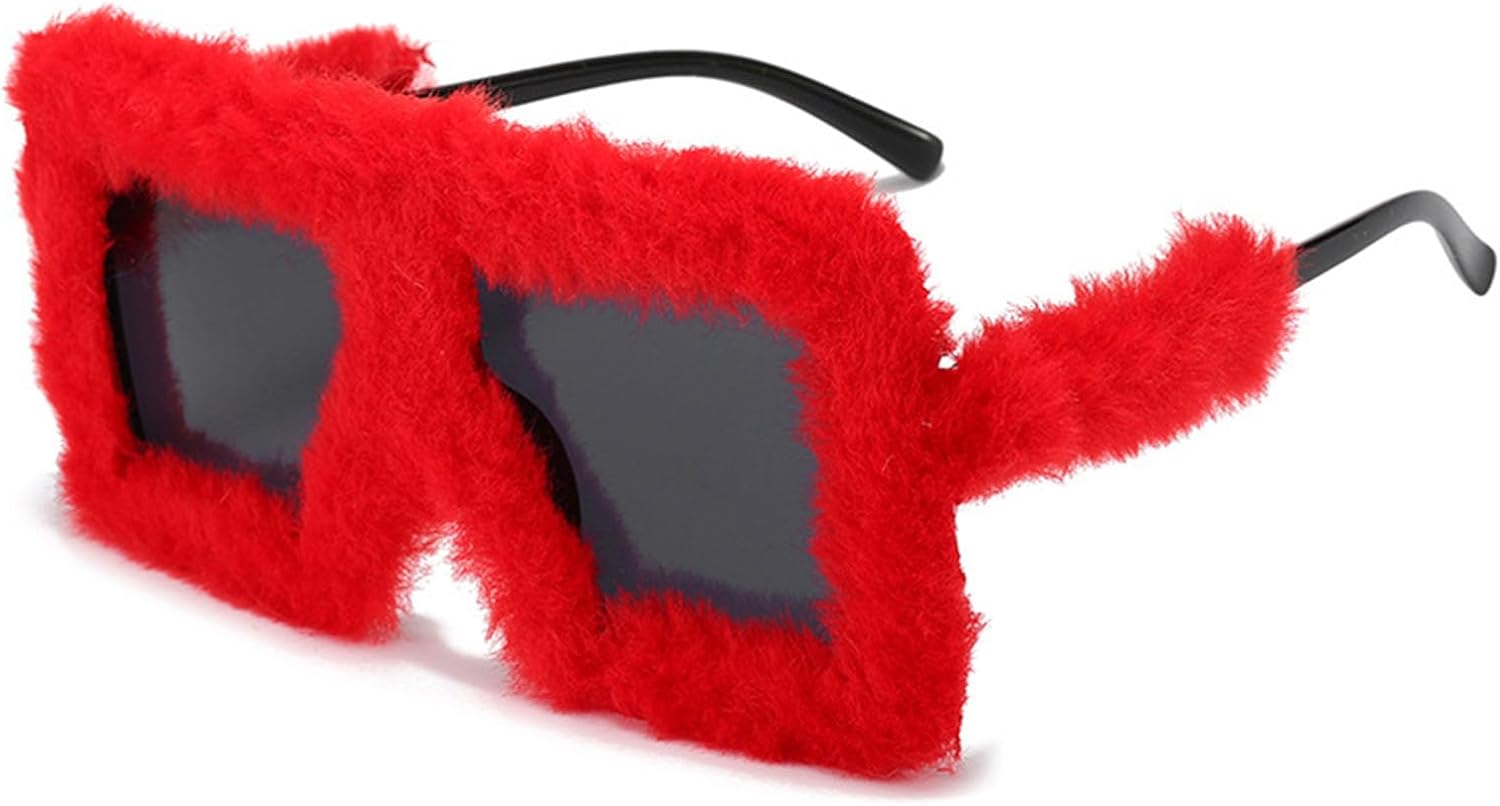 

Меховые солнцезащитные очки в стиле Y2K для женщин и мужчин, пушистые плюшевые солнцезащитные очки, модные очки для вечеринок, панк-стиль, мягкие бархатные солнцезащитные очки YISHATIER, Red / Black
