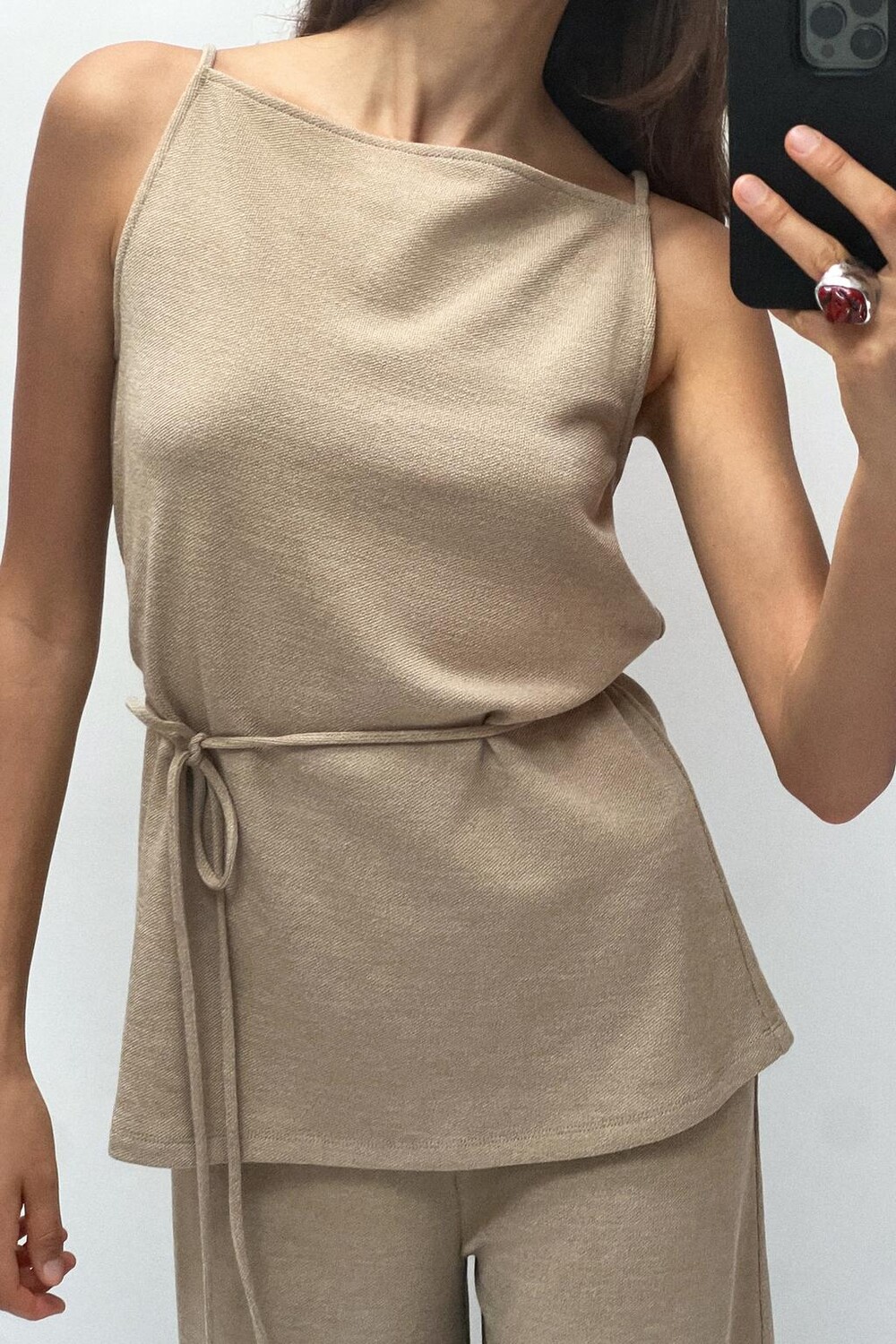 

Длинный топ из мягкого пике с поясом ZARA, светло-бежевый