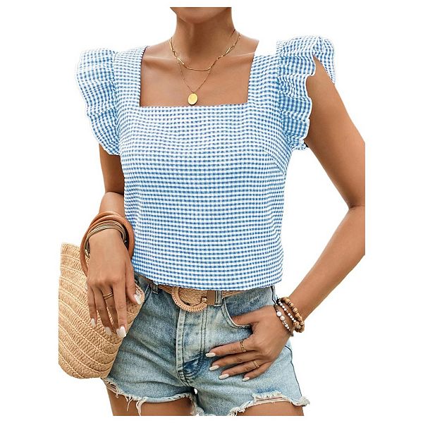 

Женская блузка в клетку с квадратным вырезом и рюшами на коротком рукаве Yesfashion, Blue