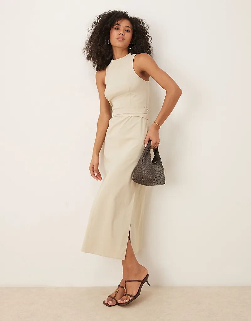 

Платье-футляр миди ASOS DESIGN из бенгалина с поясом на пуговицах, цвет «камень»