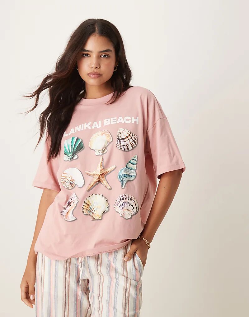 

Футболка ASOS DESIGN свободного кроя с принтом ракушек в тускло-розовом цвете