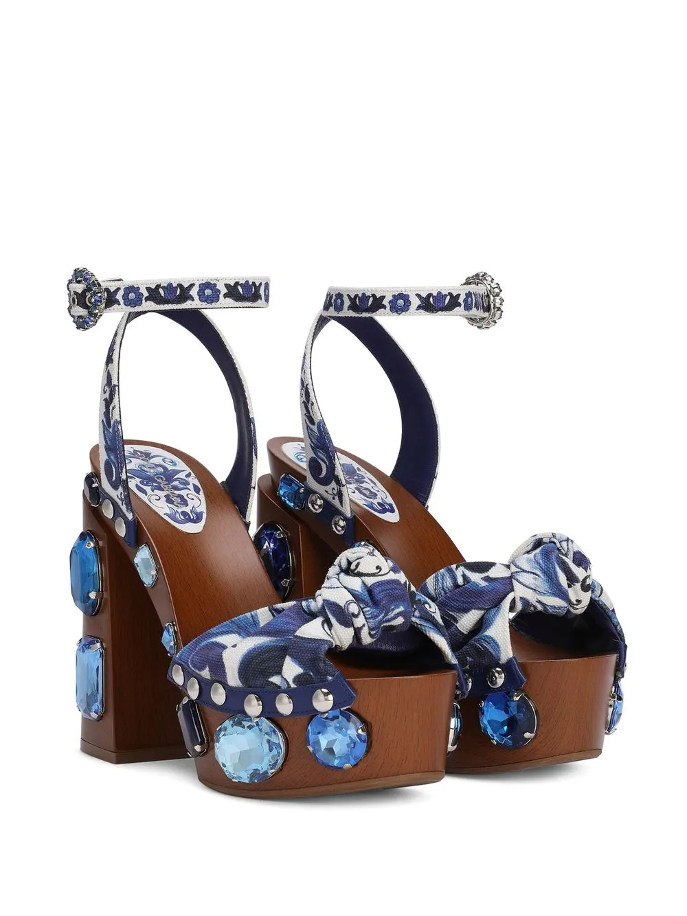 Декорированные босоножки на танкетке с принтом Majolica DOLCE & GABBANA, синий — фото 2