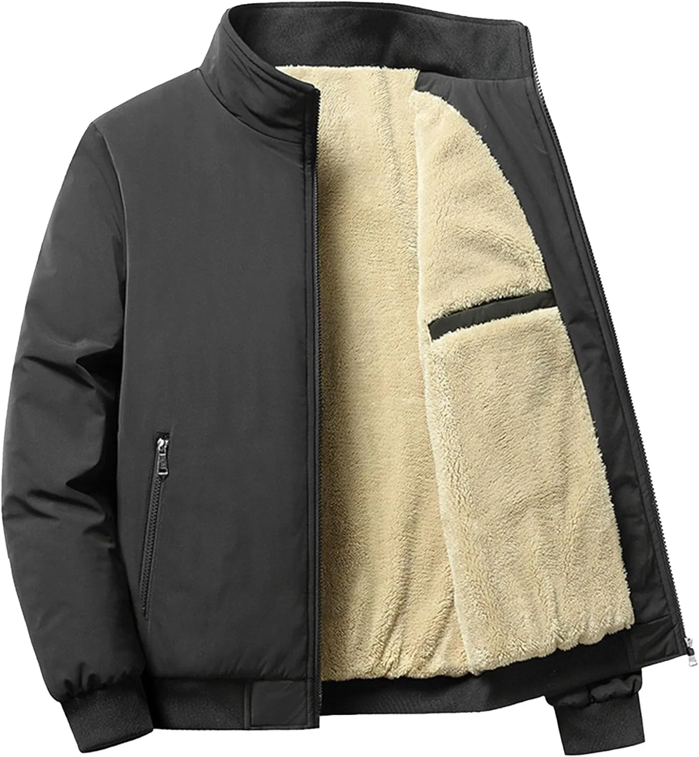 Мужская куртка-бомбер с воротником-стойкой, подкладкой, полной застежкой-молнией, воротником-стойкой, флисовая куртка, повседневная теплая куртка-бомбер с карманами на молнии