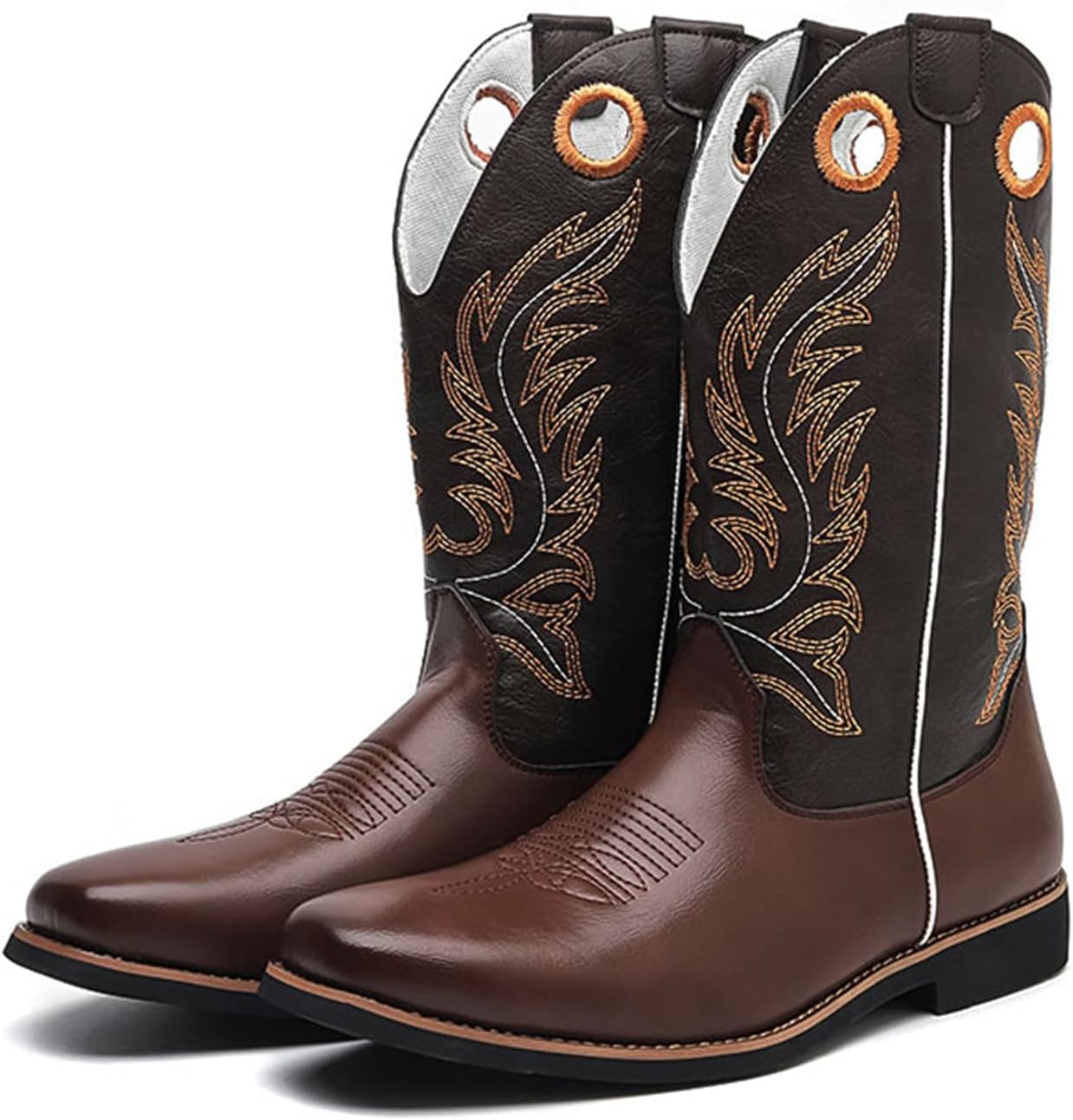 

Мужские ковбойские сапоги из кожи с вышивкой, квадратный носок, на среднем каблуке, с застежкой-пулом, для родео, сельских музыкальных фестивалей, шоу линейных танцев и других западных загородных активностей Tengfeifly, коричневый