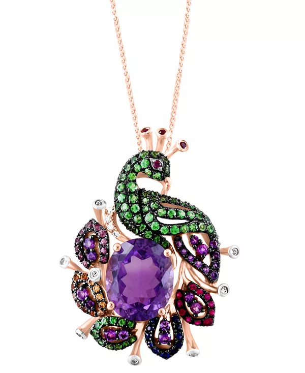 

Ожерелье с подвеской в виде павлина из 14-каратного розового золота с несколькими драгоценными камнями (4-1/3 карата), длина 16 дюймов + удлинитель 2 дюйма Lali Jewels, multi-gemstone