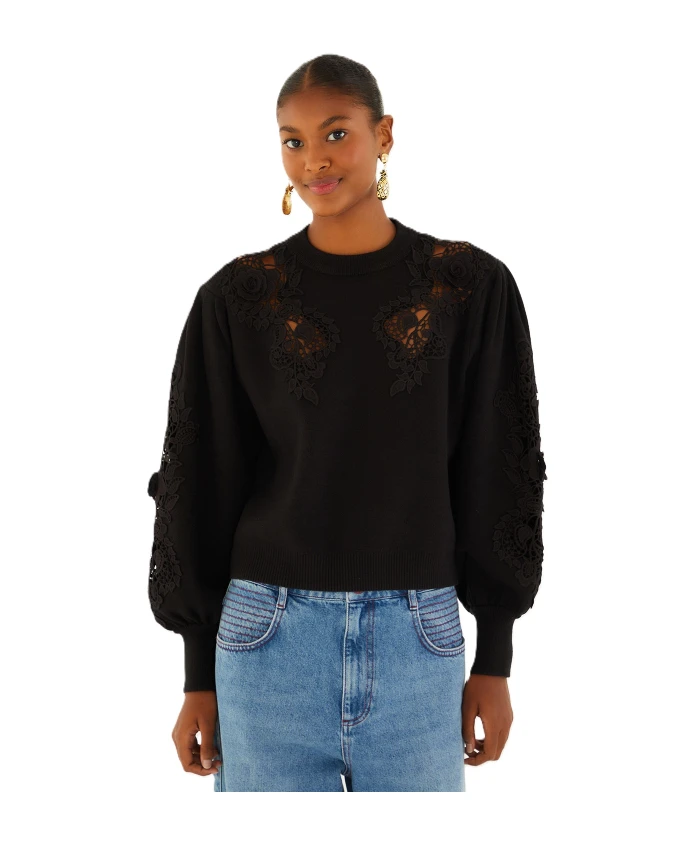 

Вязаный свитер с кружевом и вырезами. Farm Rio, черный