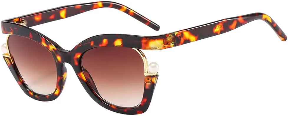 

Черные солнцезащитные очки «кошачий глаз» для женщин и мужчин, винтажные, с жемчужной отделкой, ретро-очки, защита от ультрафиолета UV400 VFDHN, Leopard Tea