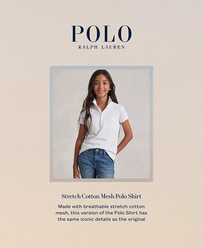 Рубашка поло из эластичного хлопка для больших девочек Polo Ralph Lauren, синий — фото 3
