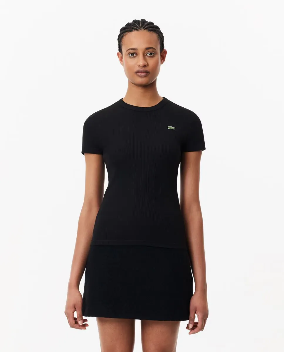 

Женская приталенная футболка из хлопка в рубчик с короткими рукавами Lacoste, чёрный
